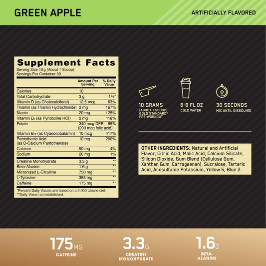 Optimum Nutrition Gold Standard pre-workout green apple, 30 serv 300g