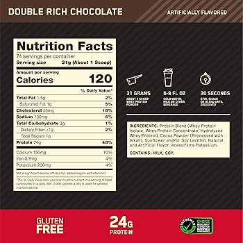 Optimum Nutrition Gold Standard double rich chocolate protein powder, 5 LB
