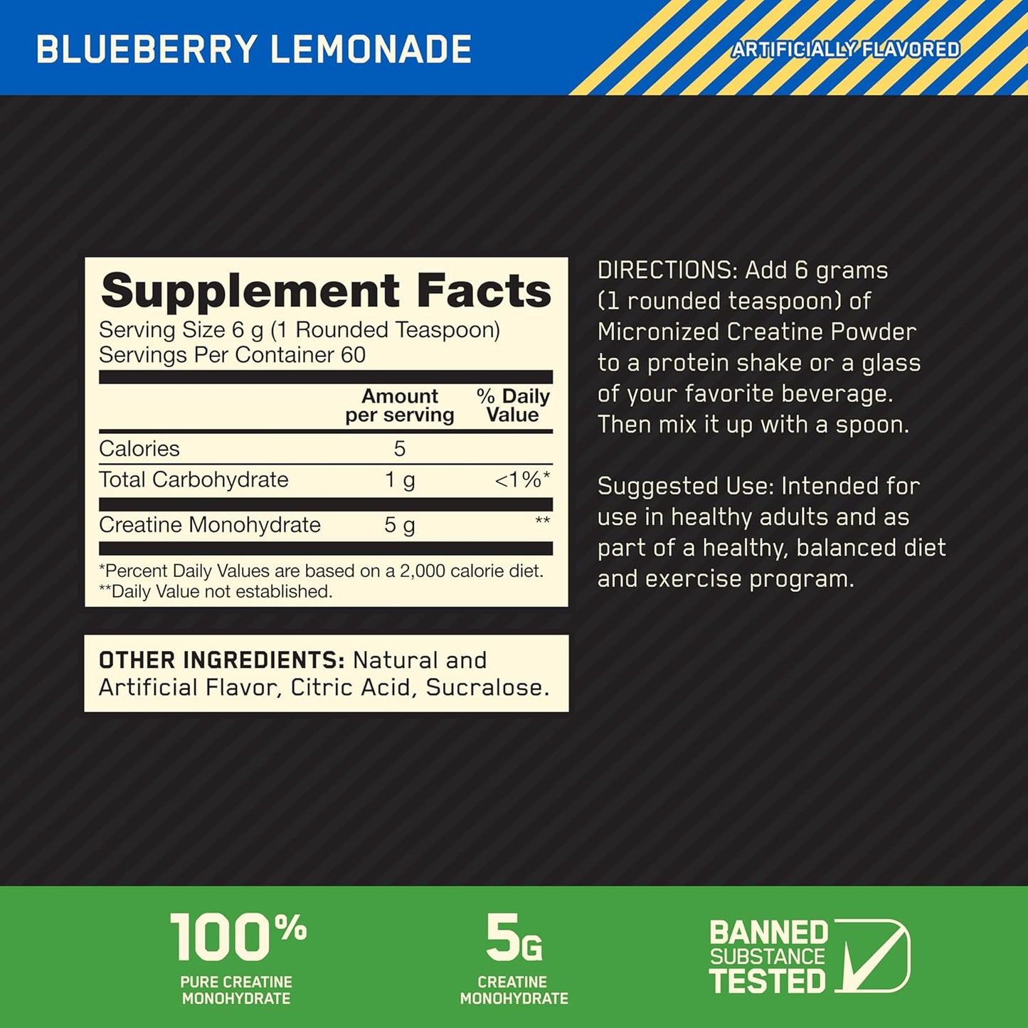 Optimum Nutrition Micronized Creatine Monohydrate, Blueberry Lemonade Creatine, 360g