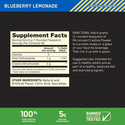 Optimum Nutrition Micronized Creatine Monohydrate, Blueberry Lemonade Creatine, 360g
