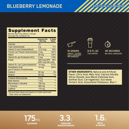Optimum Nutrition Gold Standard Pre-Workout Blueberry Lemonade, 30 serv