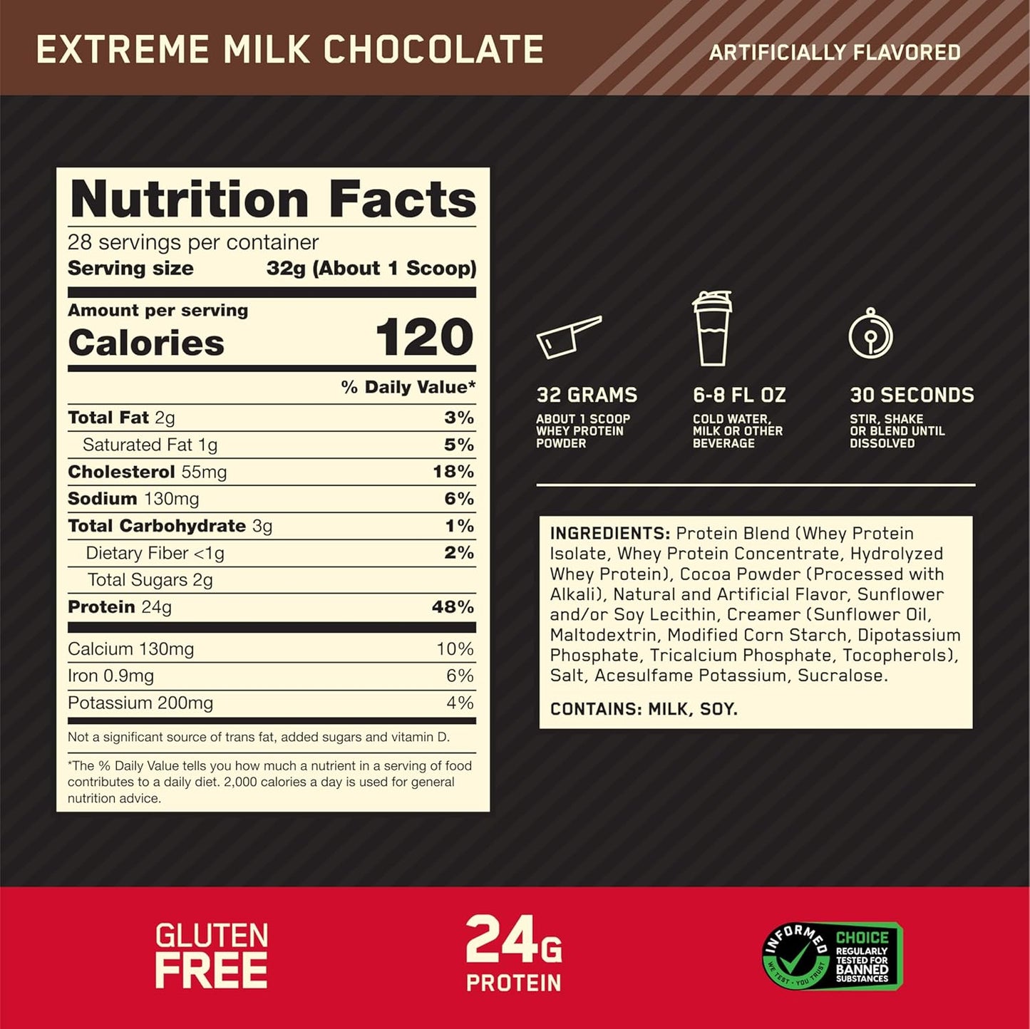Optimum Nutrition Gold Standard extreme milk chocolate whey protein powder, 2 LB